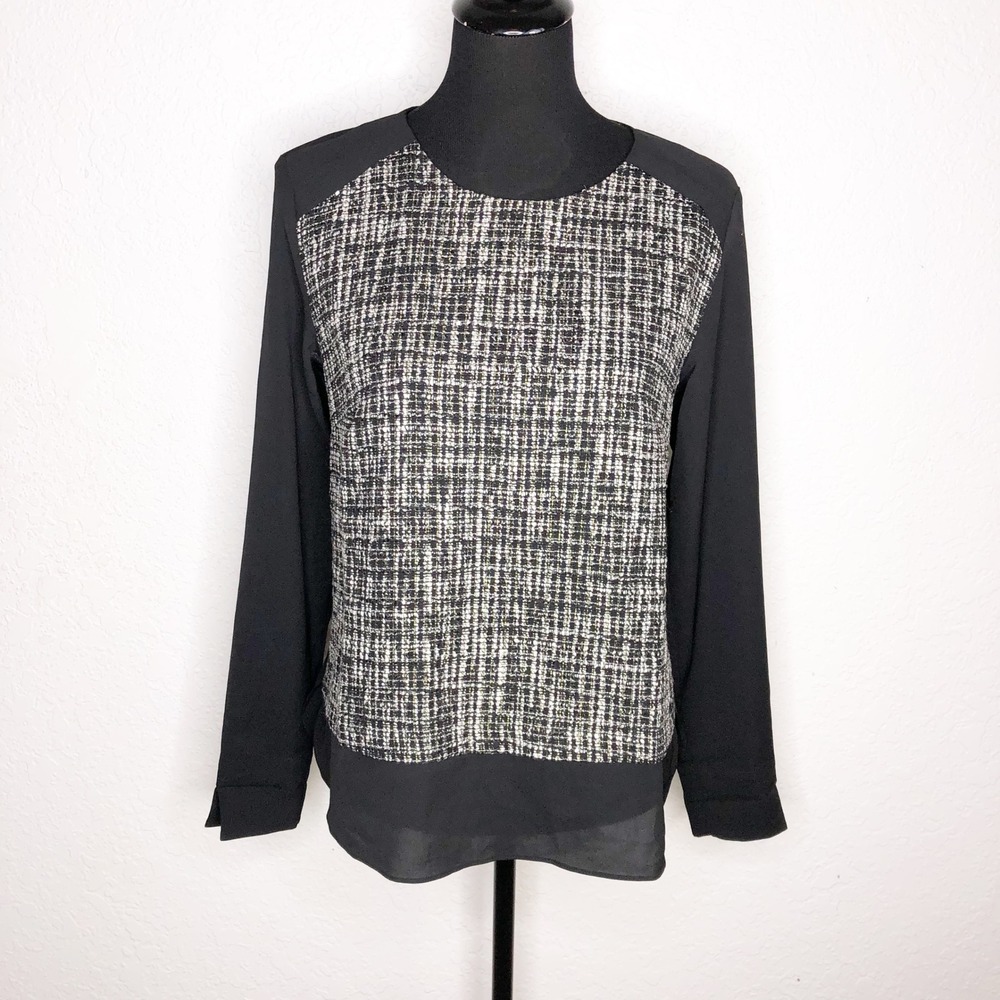 Ann Taylor Womens Small Black White Tweed Metallic Mixed Media Top Classic Chic